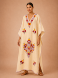 Kaftan Bordado – Amarelo Floral Roxo Diamante
