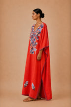 Kaftan Bordado – Vermelho Laranja Floral Azul