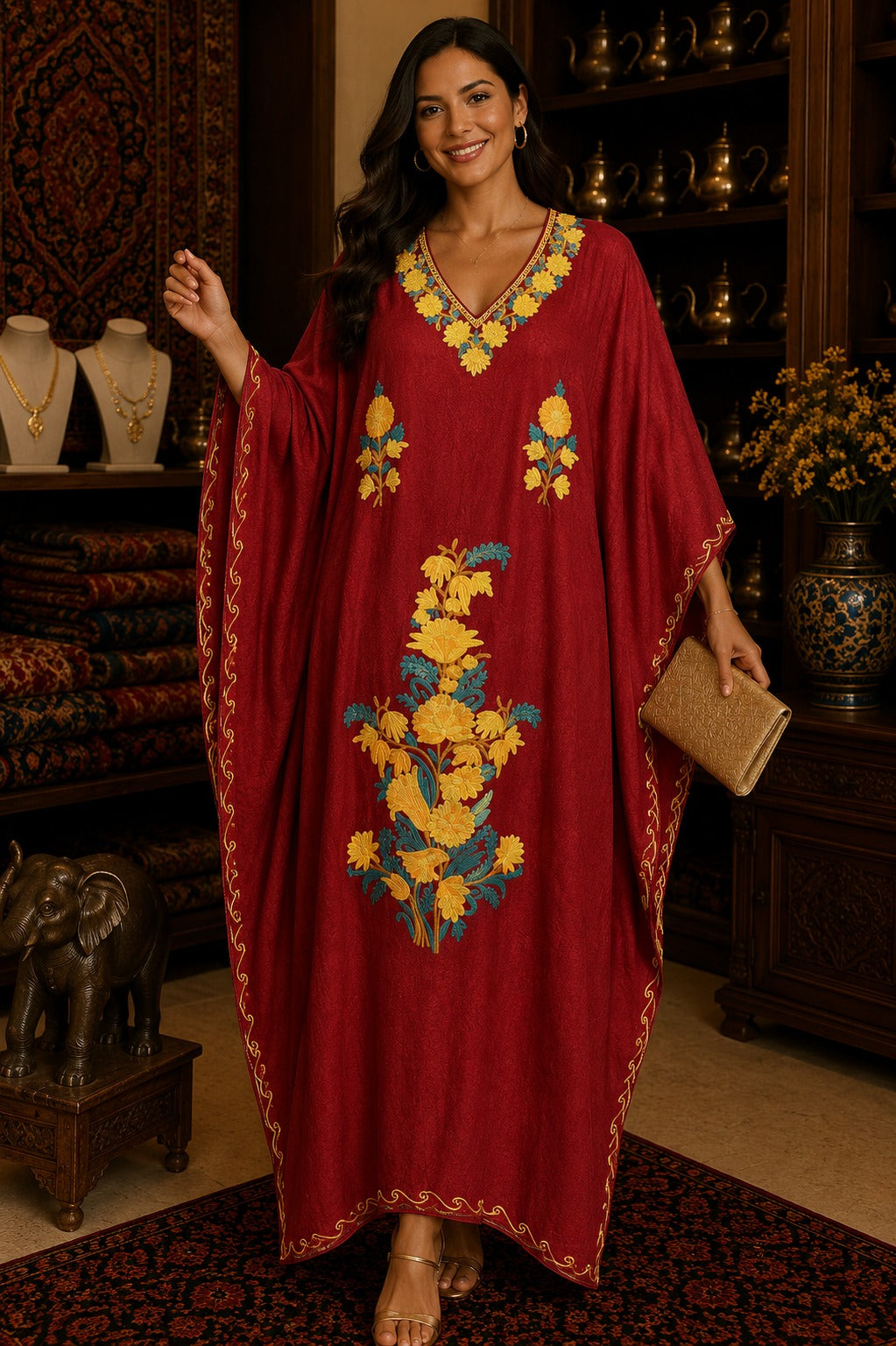 Kaftan Bordado – Vinho Floral Amarelo Turquesa
