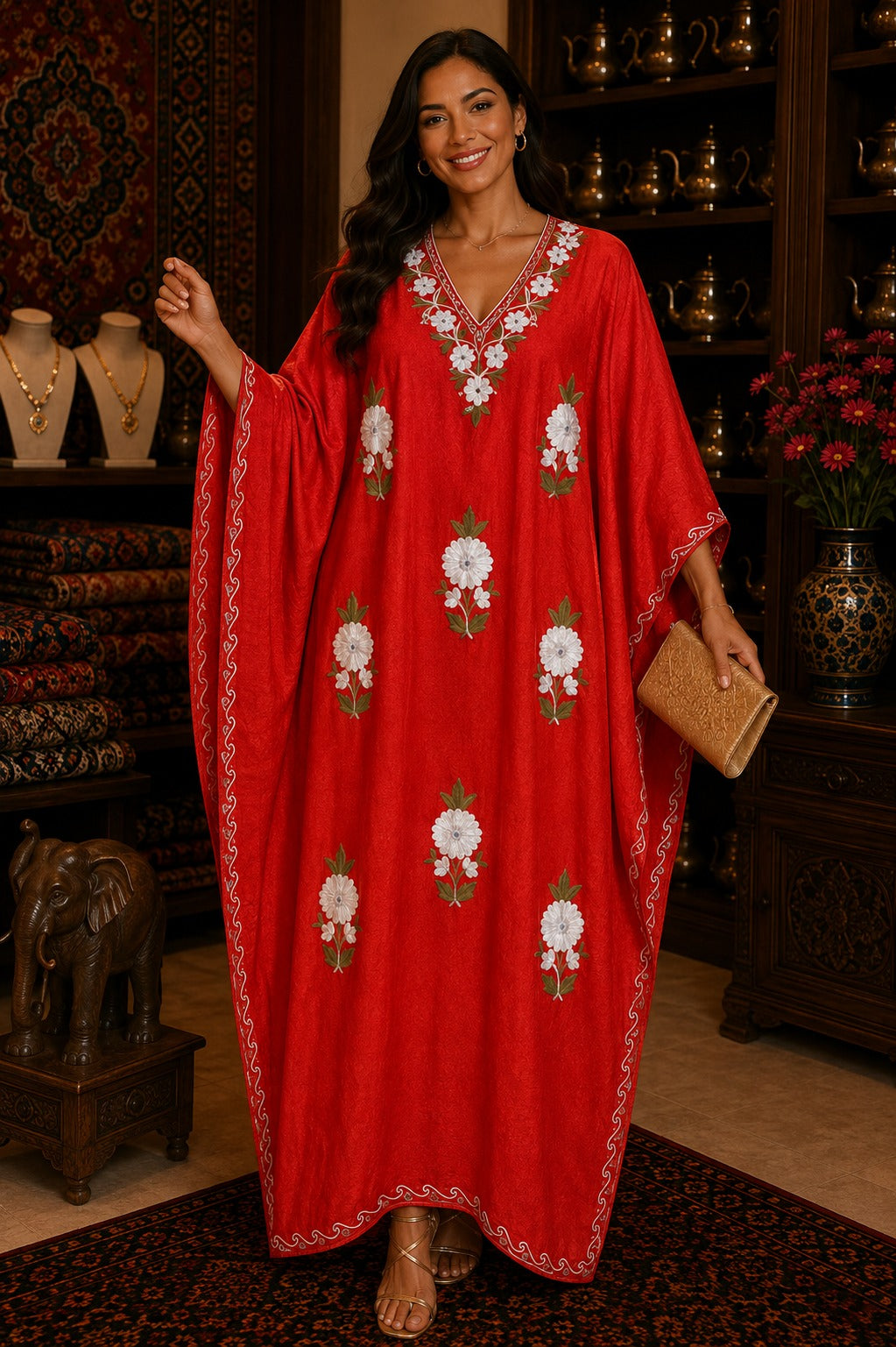 Kaftan Bordado – Vermelho Floral Branco Azul Disperso