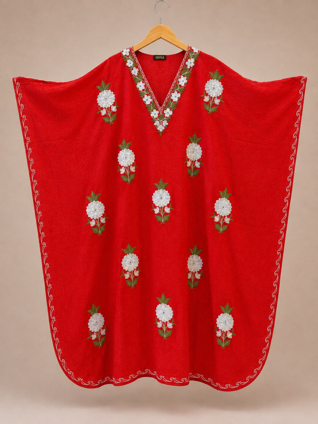 Kaftan Bordado – Vermelho Floral Branco Azul Disperso