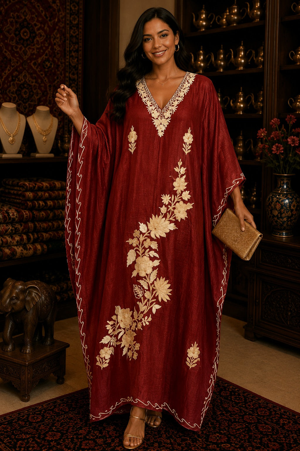 Kaftan Bordado – Vermelho Floral Creme