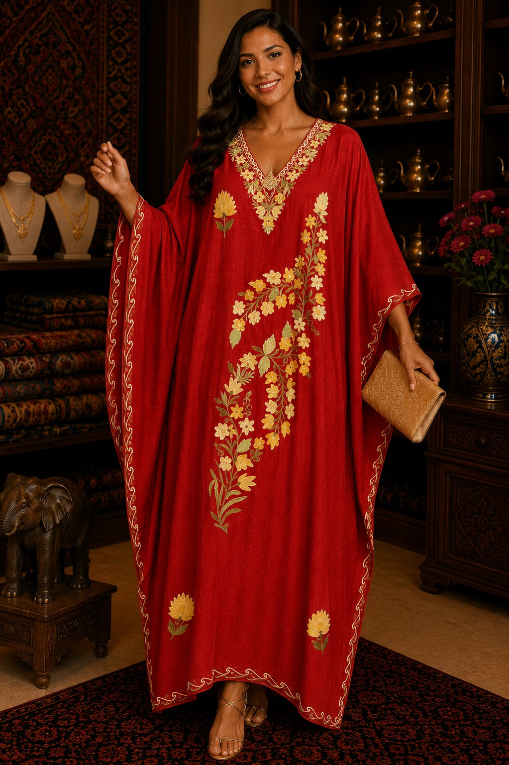 Kaftan Bordado – Vermelho Floral Amarelo Creme