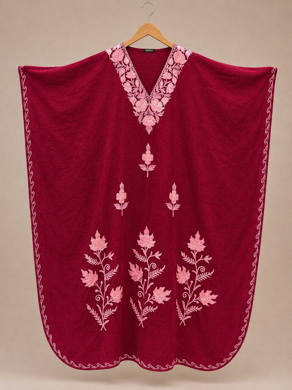 Kaftan Bordado – Bordô Motivo Folha Rosa
