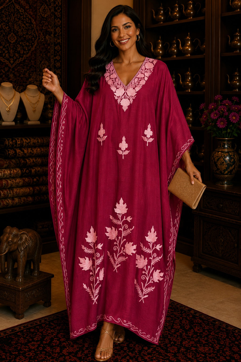 Kaftan Bordado – Bordô Motivo Folha Rosa