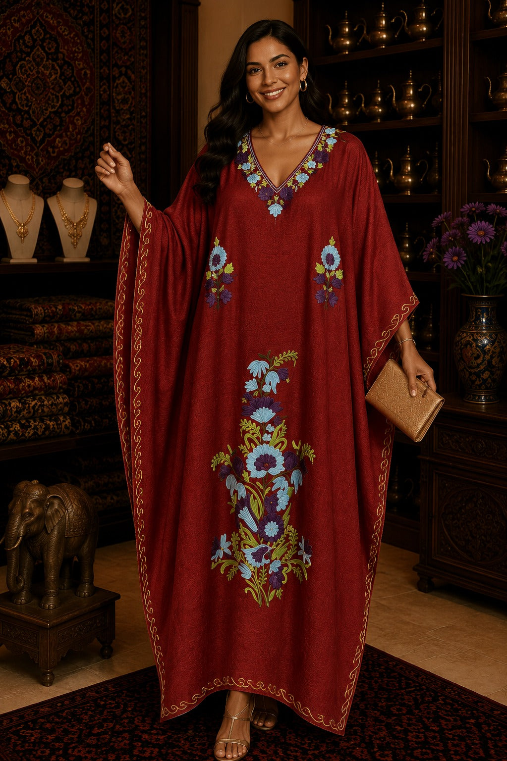 Kaftan Bordado – Vermelho Floral Roxo Azul