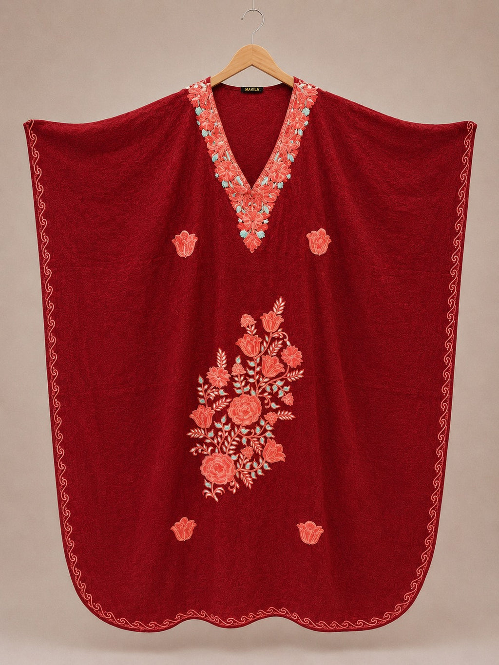 Kaftan Bordado – Vinho Buquê Rosa Coral Turquesa
