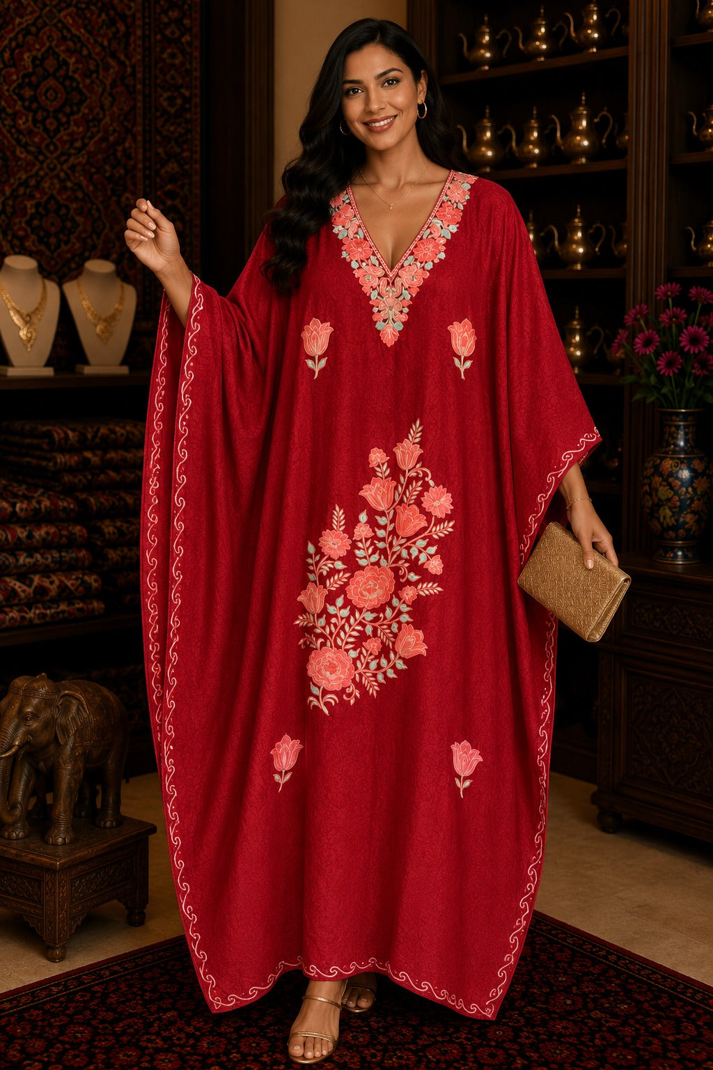 Kaftan Bordado – Vinho Buquê Rosa Coral Turquesa