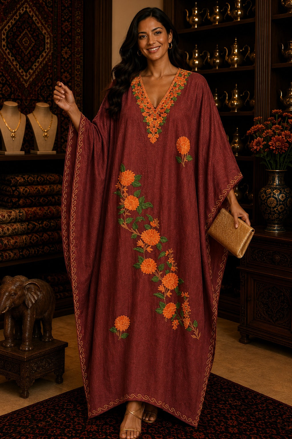 Kaftan Bordado – Terracota Floral Calêndula