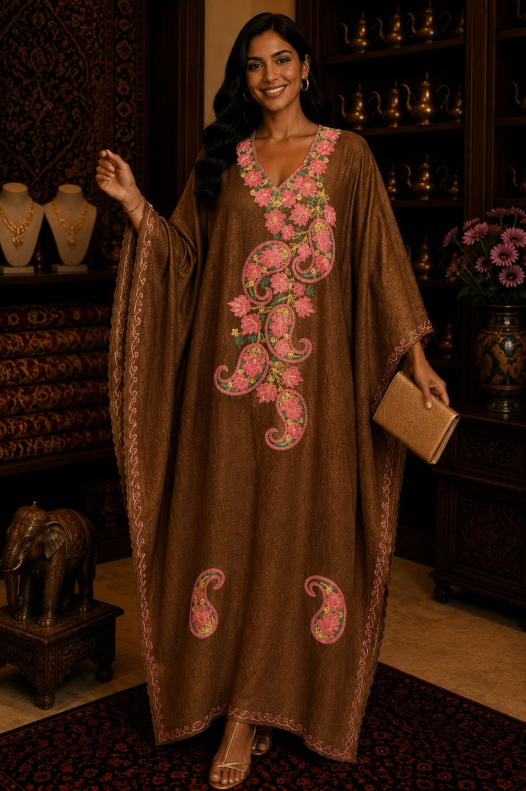 Kaftan Bordado – Marrom Paisley Coral