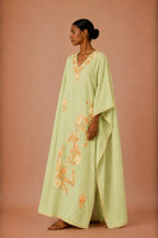 Kaftan Bordado – Verde Limão Floral Pêssego