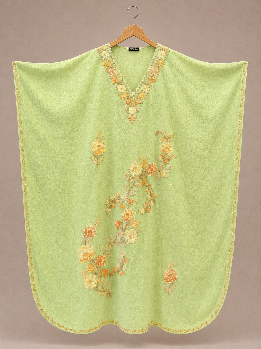 Kaftan Bordado – Verde Limão Floral Pêssego