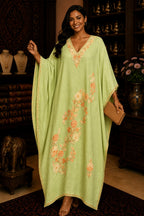 Kaftan Bordado – Verde Limão Floral Pêssego