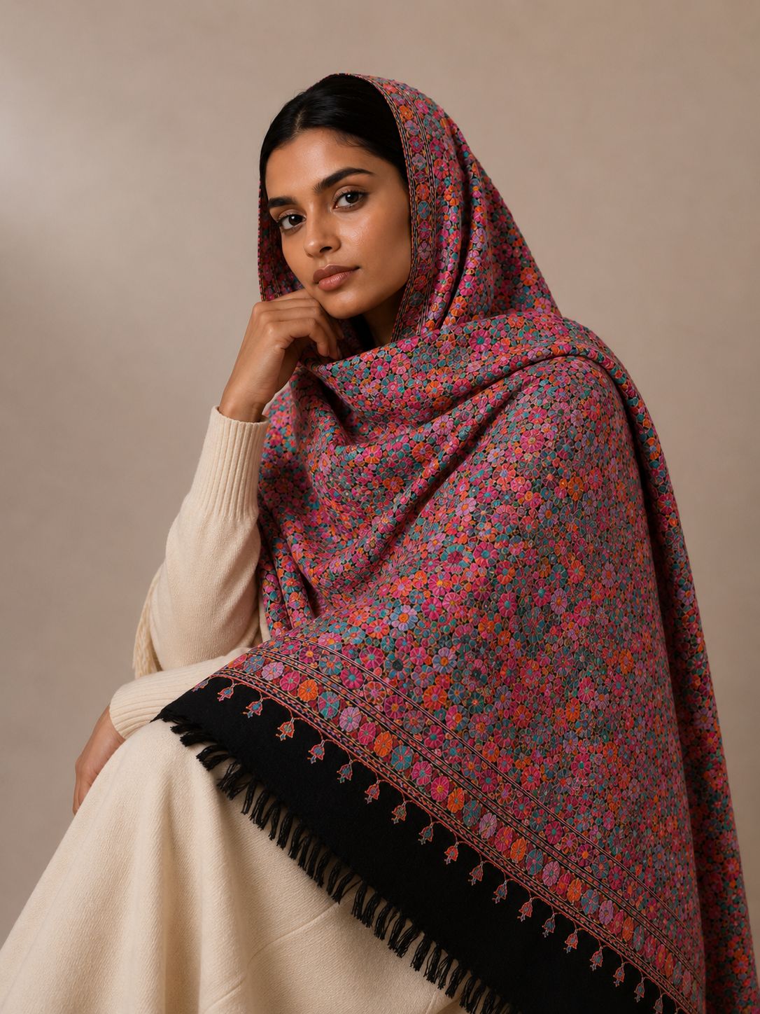 Pashmina Cashmere Bordada com Fio Metálico