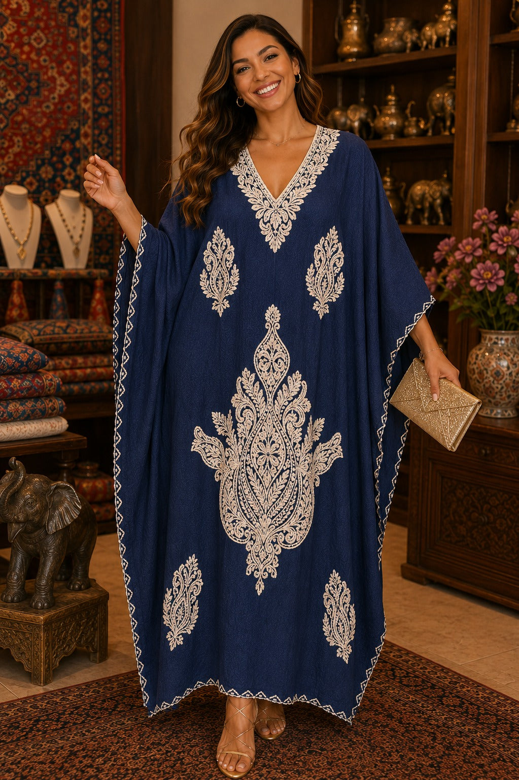Kaftan Bordado – Azul Marinho Medalhão Creme