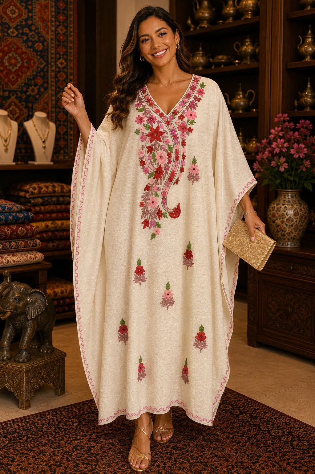 Kaftan Bordado – Creme Floral Rosa (A)