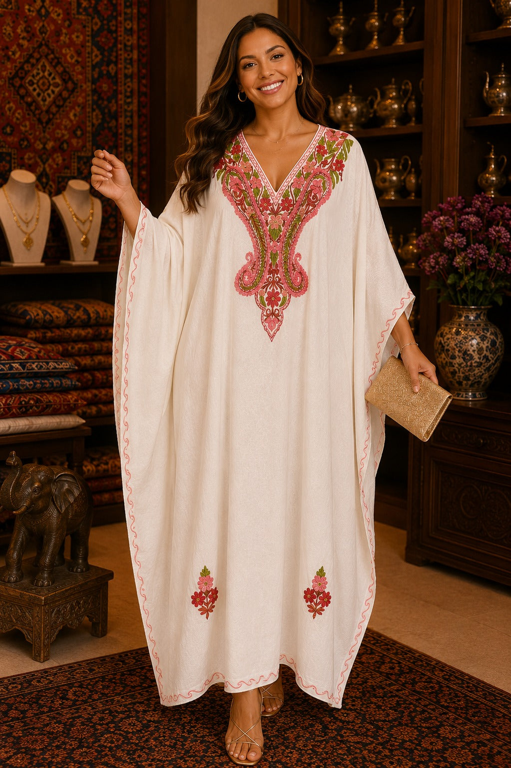 Kaftan Bordado – Branco Medalhão Coral