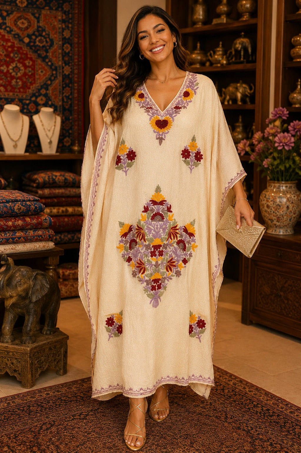 Kaftan Bordado – Amarelo Floral Roxo Diamante