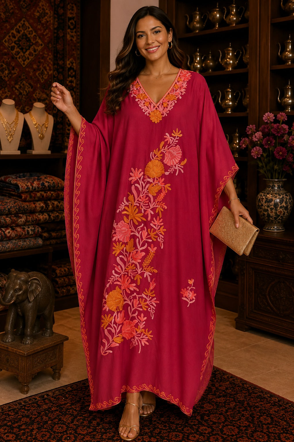 Kaftan Bordado – Vermelho Floral Coral