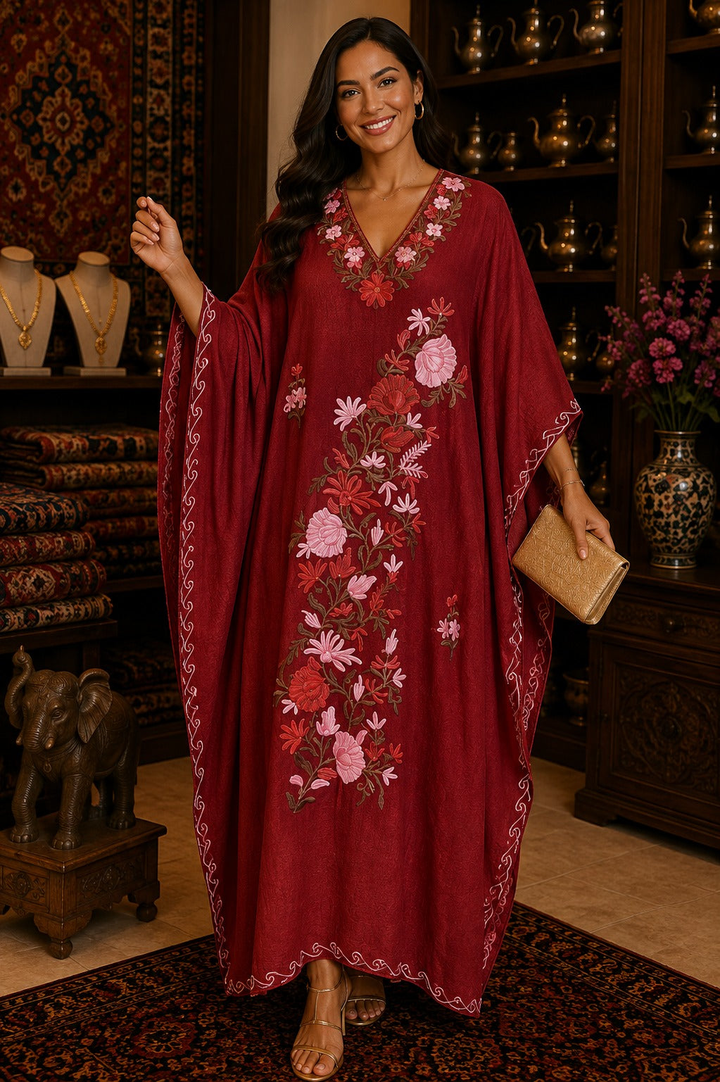 Kaftan Bordado – Vermelho Floral Rosa Marrom